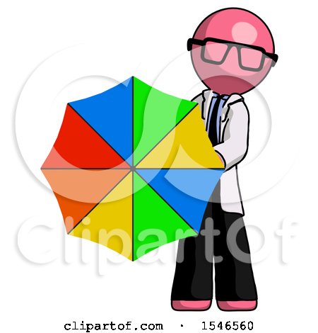 Pink Doctor Scientist Man Holding Rainbow Umbrella out to Viewer by Leo Blanchette
