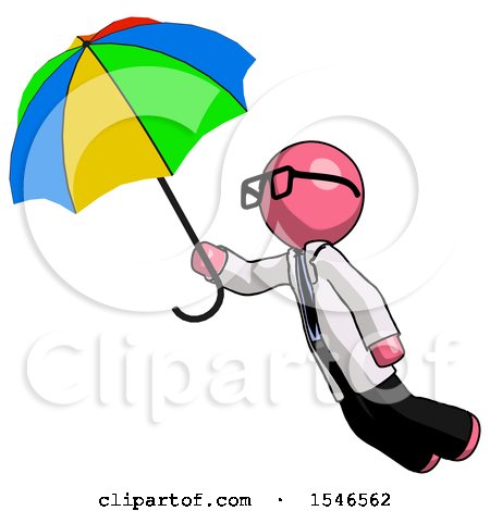Pink Doctor Scientist Man Flying with Rainbow Colored Umbrella by Leo Blanchette