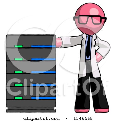 Pink Doctor Scientist Man with Server Rack Leaning Confidently Against It by Leo Blanchette