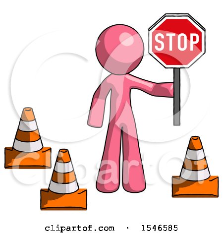 Pink Design Mascot Man Holding Stop Sign by Traffic Cones Under Construction Concept by Leo Blanchette