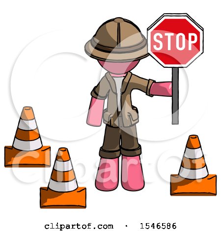 Pink Explorer Ranger Man Holding Stop Sign by Traffic Cones Under Construction Concept by Leo Blanchette