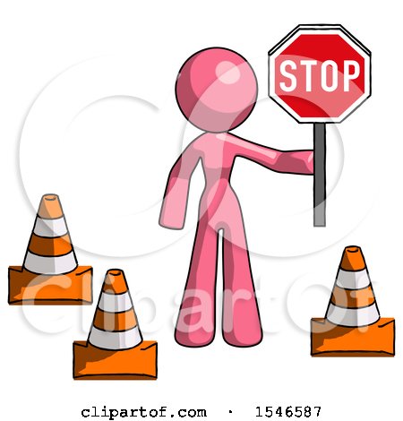 Pink Design Mascot Woman Holding Stop Sign by Traffic Cones Under Construction Concept by Leo Blanchette