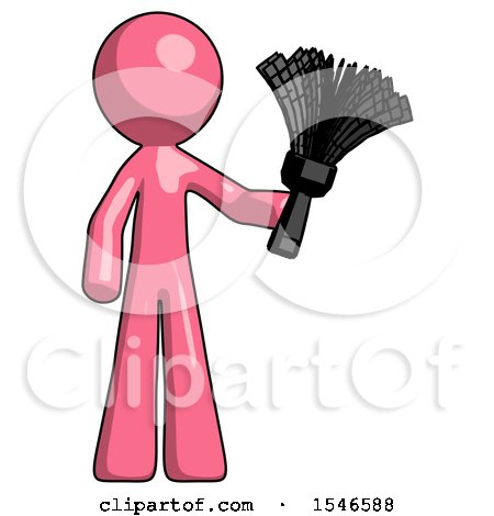 Pink Design Mascot Man Holding Feather Duster Facing Forward by Leo Blanchette