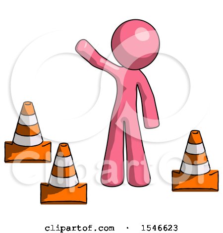 Pink Design Mascot Man Standing by Traffic Cones Waving by Leo Blanchette