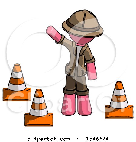 Pink Explorer Ranger Man Standing by Traffic Cones Waving by Leo Blanchette