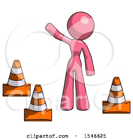 Pink Design Mascot Woman Standing by Traffic Cones Waving by Leo Blanchette