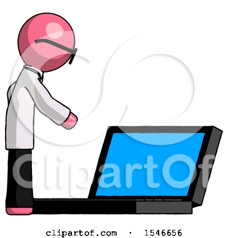 Pink Doctor Scientist Man Using Large Laptop Computer Side Orthographic View by Leo Blanchette