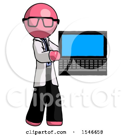 Pink Doctor Scientist Man Holding Laptop Computer Presenting Something on Screen by Leo Blanchette