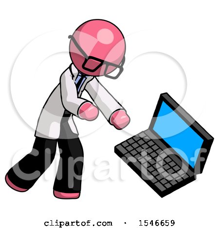 Pink Doctor Scientist Man Throwing Laptop Computer in Frustration by Leo Blanchette