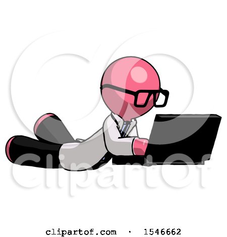 Pink Doctor Scientist Man Using Laptop Computer While Lying on Floor Side Angled View by Leo Blanchette