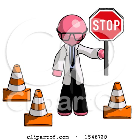 Pink Doctor Scientist Man Holding Stop Sign by Traffic Cones Under Construction Concept by Leo Blanchette