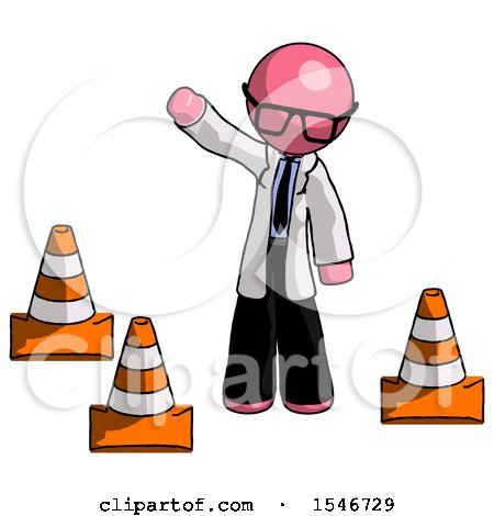 Pink Doctor Scientist Man Standing by Traffic Cones Waving by Leo Blanchette