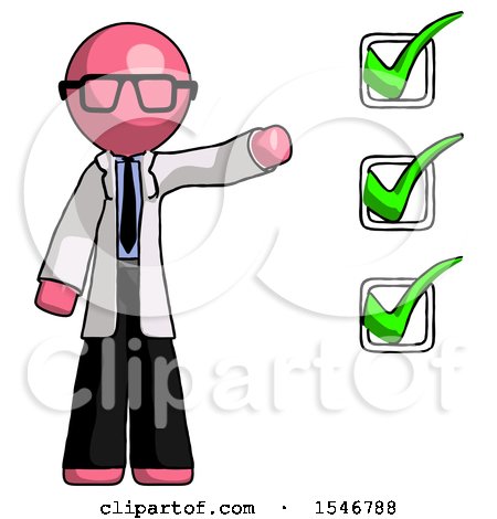 Pink Doctor Scientist Man Standing by List of Checkmarks by Leo Blanchette