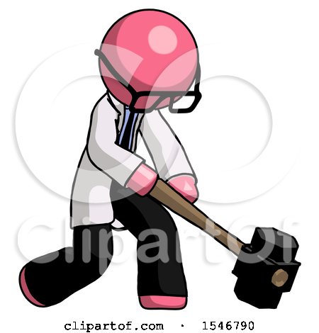 Pink Doctor Scientist Man Hitting with Sledgehammer, or Smashing Something at Angle by Leo Blanchette