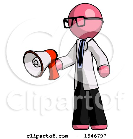 Pink Doctor Scientist Man Holding Megaphone Bullhorn Facing Right by Leo Blanchette