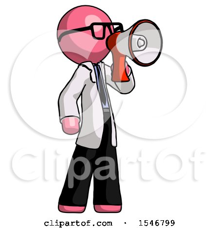 Pink Doctor Scientist Man Shouting into Megaphone Bullhorn Facing Right by Leo Blanchette