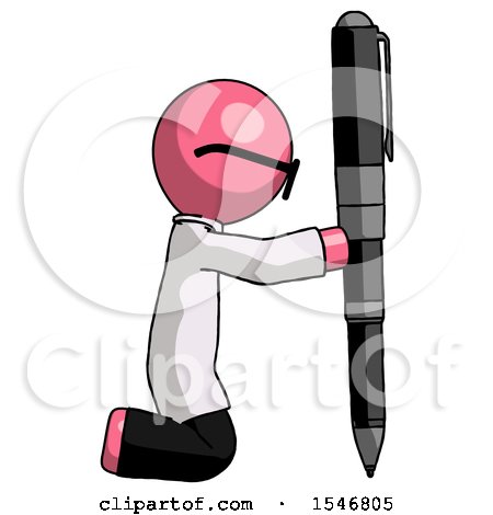 Pink Doctor Scientist Man Posing with Giant Pen in Powerful yet Awkward Manner. by Leo Blanchette