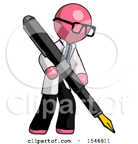 Pink Doctor Scientist Man Drawing or Writing with Large Calligraphy Pen by Leo Blanchette
