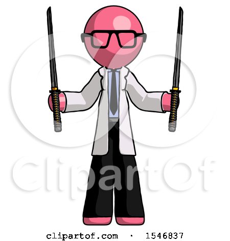 Pink Doctor Scientist Man Posing with Two Ninja Sword Katanas up by Leo Blanchette