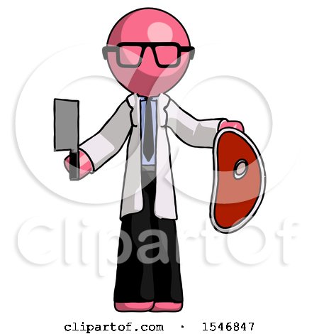 Pink Doctor Scientist Man Holding Large Steak with Butcher Knife by Leo Blanchette