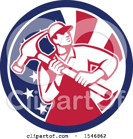 Clipart of a Retro Male Carpenter Holding a Giant Hammer in an American Flag Circle - Royalty Free Vector Illustration by patrimonio