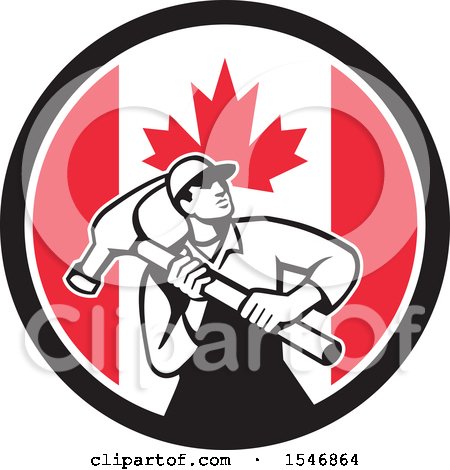 Clipart of a Retro Male Carpenter Holding a Giant Hammer in a Canadian Flag Circle - Royalty Free Vector Illustration by patrimonio
