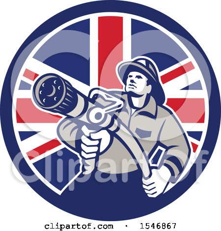 Clipart of a Retro Fireman Holding a Hose in a British Flag Circle - Royalty Free Vector Illustration by patrimonio