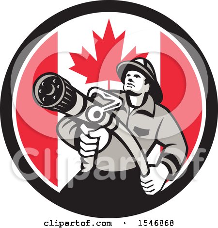 Clipart of a Retro Fireman Holding a Hose in a Canadian Flag Circle - Royalty Free Vector Illustration by patrimonio