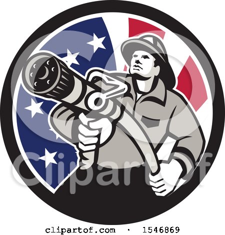 Clipart of a Retro Fireman Holding a Hose in an American Flag Circle - Royalty Free Vector Illustration by patrimonio