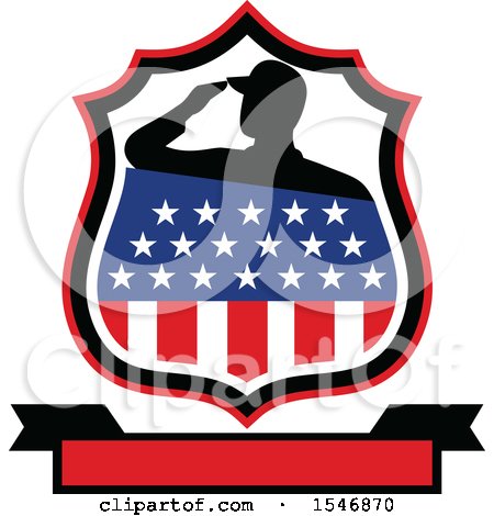 Clipart of a Silhouetted American Veteran Soldier Saluting in an American Shield over a Banner - Royalty Free Vector Illustration by patrimonio
