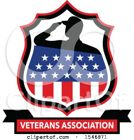 Clipart of a Silhouetted American Soldier Saluting in an American Shield over a Veterans Association Banner - Royalty Free Vector Illustration by patrimonio