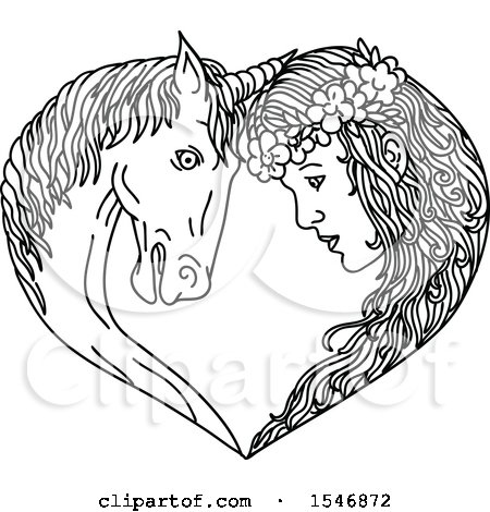 Clipart of a Unicorn and Princess or Maiden Touching Foreheads and Forming a Heart, in Sketched Black and White Style - Royalty Free Vector Illustration by patrimonio