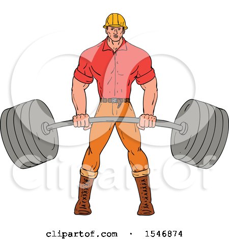 Clipart of a Sketched Muscular Lumberjack Man Holding a Heavy Barbell - Royalty Free Vector Illustration by patrimonio