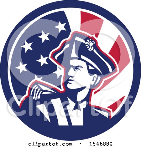 Clipart of a Retro American Patriot Minuteman Revolutionary Soldier in an American Flag Circle - Royalty Free Vector Illustration by patrimonio