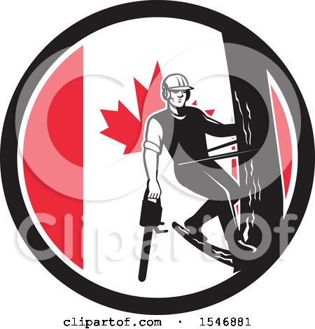 Clipart of a Retro Male Arborist Climbing a Pole with a Chainsaw in a Canadian Flag Circle - Royalty Free Vector Illustration by patrimonio