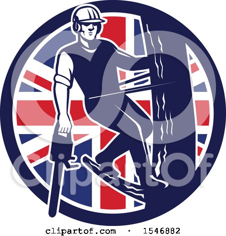 Clipart of a Retro Male Arborist Climbing a Pole with a Chainsaw in a Union Jack Flag Circle - Royalty Free Vector Illustration by patrimonio