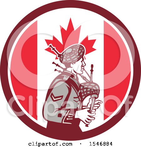 Clipart of a Retro Male Bagpiper in a Canadian Flag Circle - Royalty Free Vector Illustration by patrimonio
