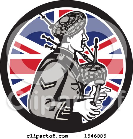 Clipart of a Retro Male Bagpiper in a Union Jack Flag Circle - Royalty Free Vector Illustration by patrimonio