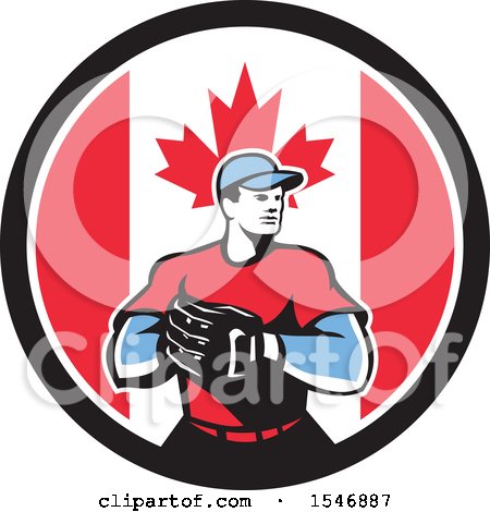 Clipart of a Retro Male Baseball Player in a Canadian Flag Circle - Royalty Free Vector Illustration by patrimonio