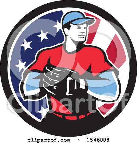 Clipart of a Retro Male Baseball Player in an American Flag Circle - Royalty Free Vector Illustration by patrimonio