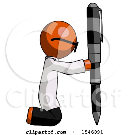 Orange Doctor Scientist Man Posing with Giant Pen in Powerful yet Awkward Manner. by Leo Blanchette