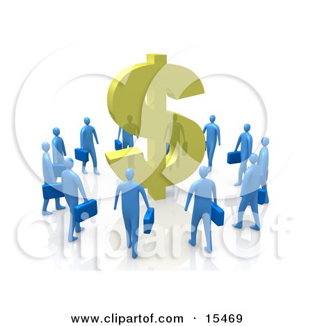Circling Group Of Blue Businessmen Surrounding A Giant Golden Dollar Symbol Clipart Illustration Image by 3poD