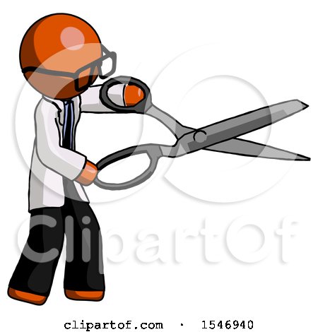 Orange Doctor Scientist Man Holding Giant Scissors Cutting out Something by Leo Blanchette