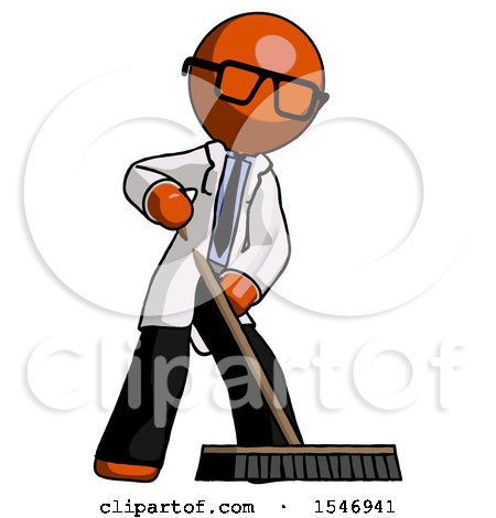 Orange Doctor Scientist Man Cleaning Services Janitor Sweeping Floor with Push Broom by Leo Blanchette