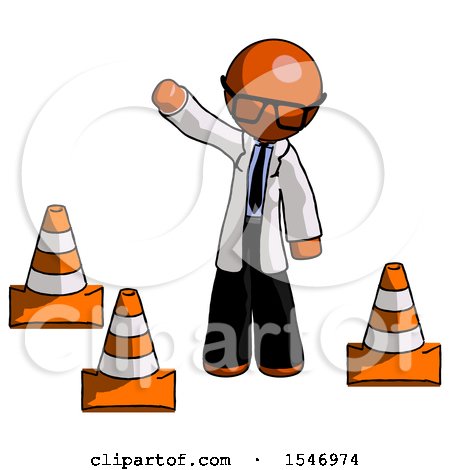 Orange Doctor Scientist Man Standing by Traffic Cones Waving by Leo Blanchette
