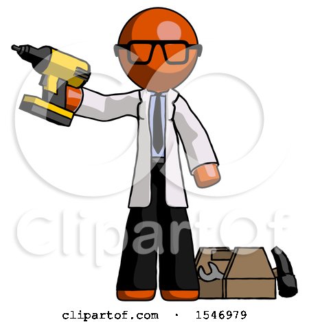 Orange Doctor Scientist Man Holding Drill Ready to Work, Toolchest and Tools to Right by Leo Blanchette