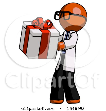 Orange Doctor Scientist Man Presenting a Present with Large Red Bow on It by Leo Blanchette