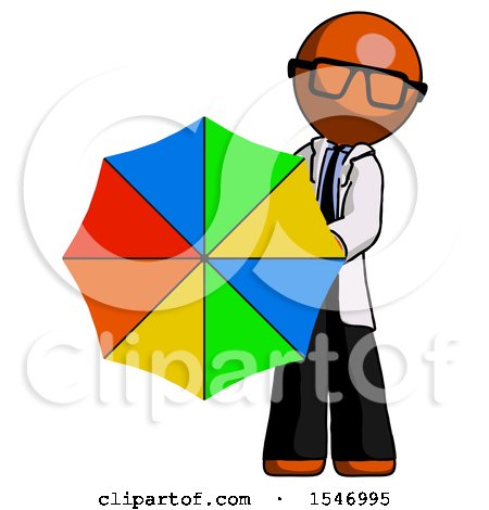 Orange Doctor Scientist Man Holding Rainbow Umbrella out to Viewer by Leo Blanchette