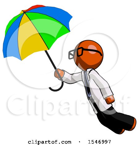 Orange Doctor Scientist Man Flying with Rainbow Colored Umbrella by Leo Blanchette