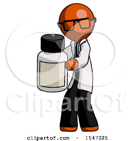 Orange Doctor Scientist Man Holding White Medicine Bottle by Leo Blanchette